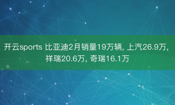 开云sports 比亚迪2月销量19万辆, 上汽26.9万, 祥瑞20.6万, 奇瑞16.1万